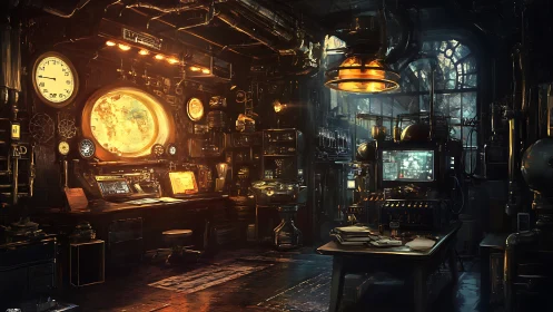 Steampunk astronomer&rsquo;s workshop hums with glowing brass machinery