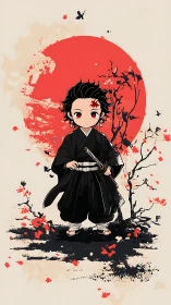 Chibi samurai warrior before bold red sun circle.