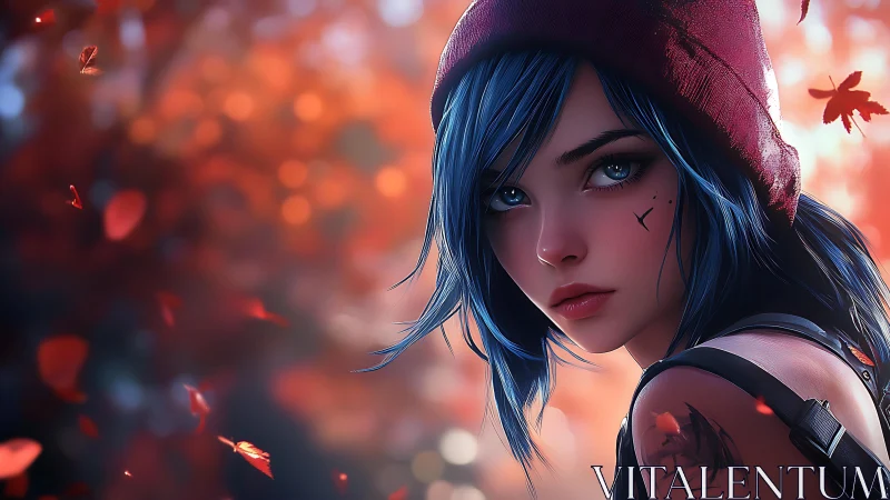 Blue haired girl in red beanie against blurred autumn leaves.