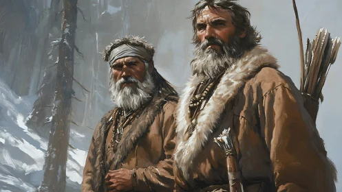 Mountain hunters stand vigilant in a harsh winter wilderness.