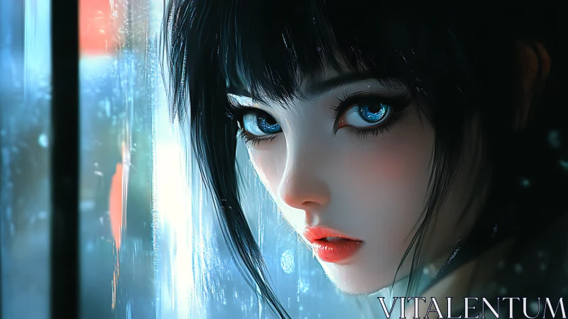 Blue-eyed girl gazes through rainy window in neon glow