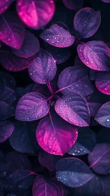 Dreamy neon leaves glowing softly after gentle rain.