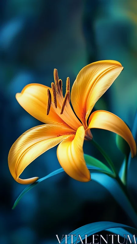 Golden lily macro against cool teal blurred background.