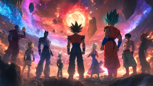 Cosmic warriors stand united before a collapsing sun.