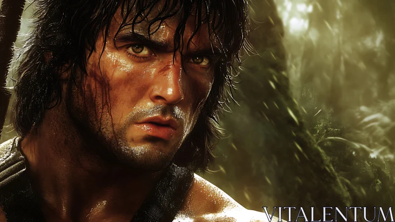 Battle hardened warrior stares ahead in a humid jungle haze