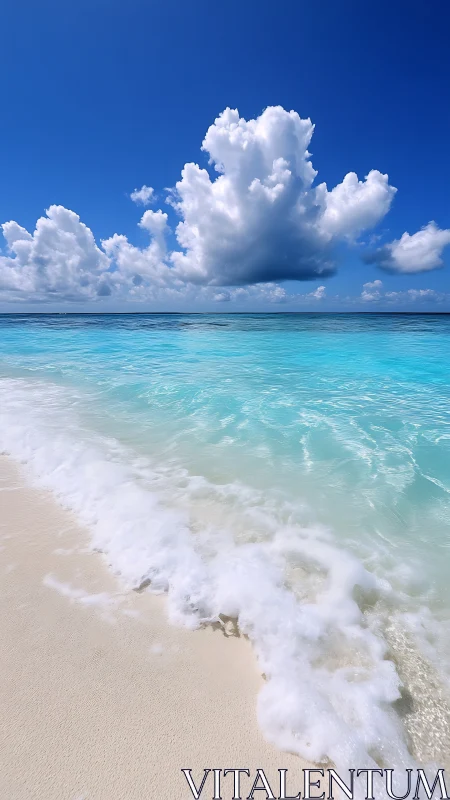Calm tropical shoreline with turquoise water and clouds.