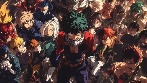 Intense anime heroes charge through fractured golden chaos.