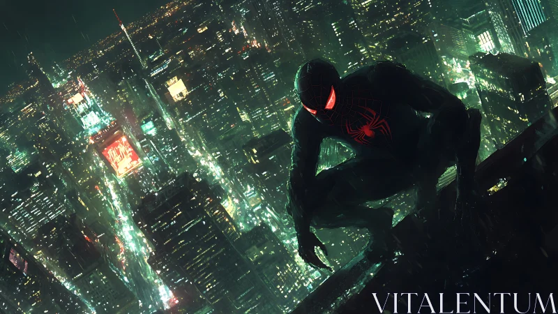 Stealth hero crouches above neon soaked rainy cityscape