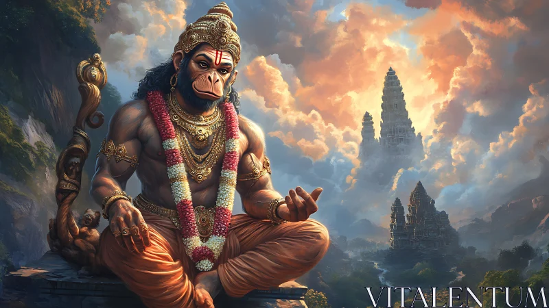 Digital painting of Hanuman in luminous temple landscape.