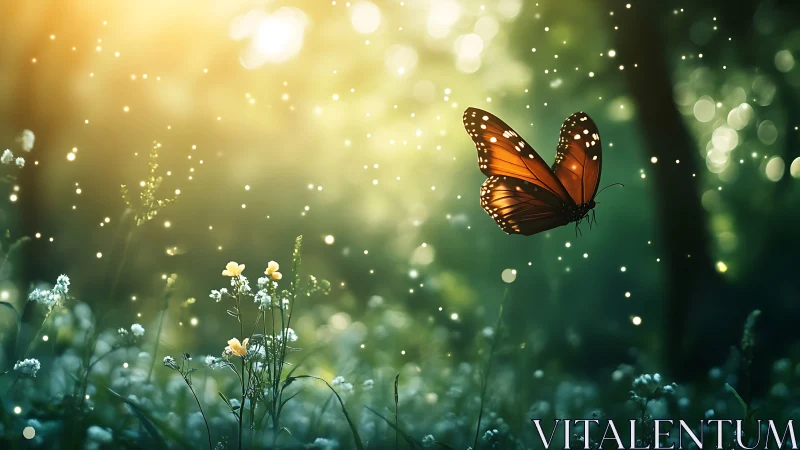 Monarch butterfly in sunlit forest glade, dreamy bokeh style.