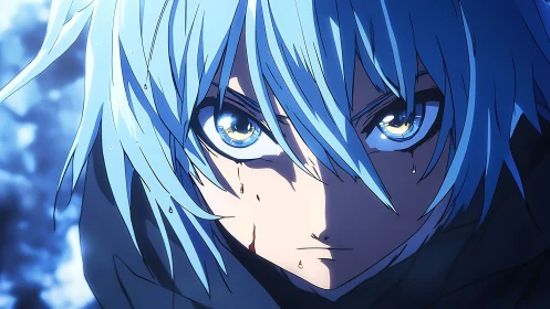 Blue haired anime warrior in intense close up portrait.