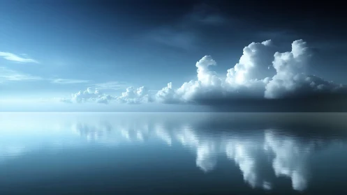 Expansive cloud bank hovers over mirror-smooth tranquil sea.