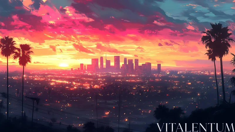 Radiant city skyline glows beneath a fiery sunset sky