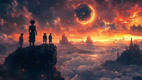 Warriors study a burning sky as fractured worlds drift apart