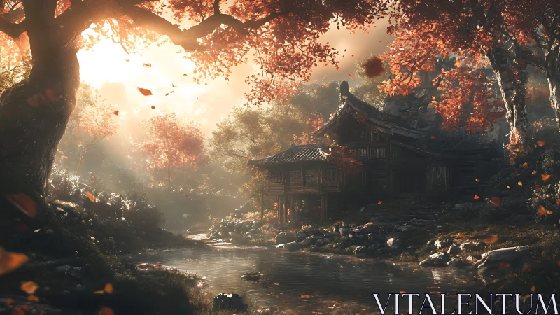 Autumn lantern riverhouse under a whispering maple sky.