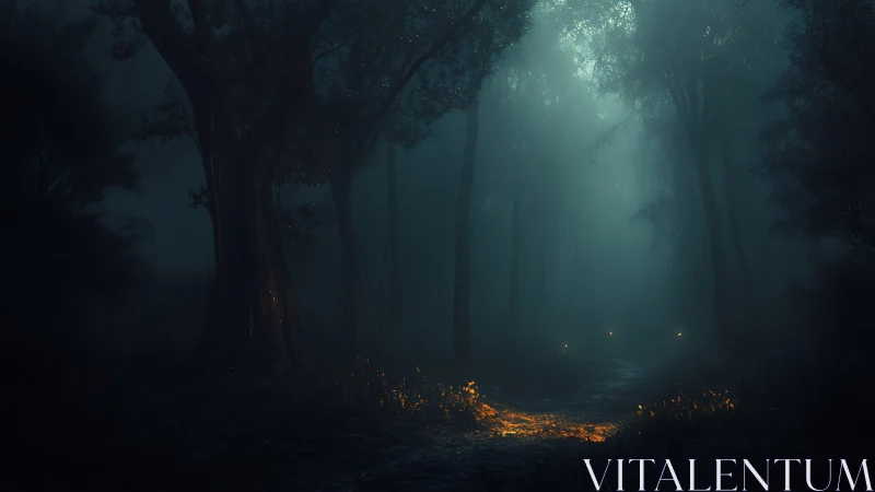Moody nocturnal forest corridor rendered in cinematic digital light