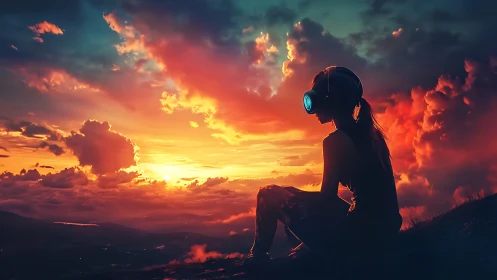 Girl in neon headset watches a surreal neon sunset horizon