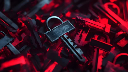 Pile of Metal Keys Under Red Light, Dramatic Close-Up Photography.