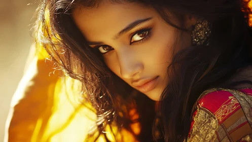 Striking portrait of woman in traditional attire with warm golden light.