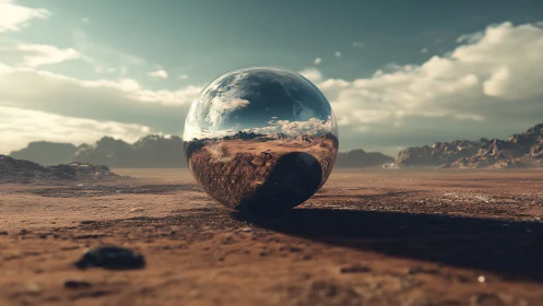 Shimmering mirrored sphere rests quietly on a desert plain