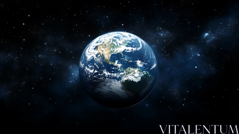 Photorealistic Earth portrait in deep space, central composition.