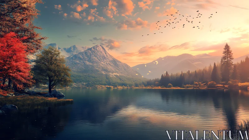 Spectral autumn lakefront with alpine ridgeline and avian vectors.