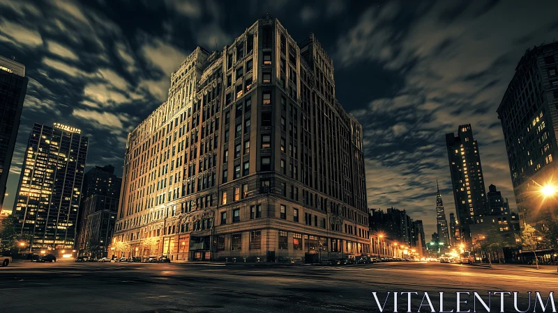 Dramatic night city intersection glows around grand tower.