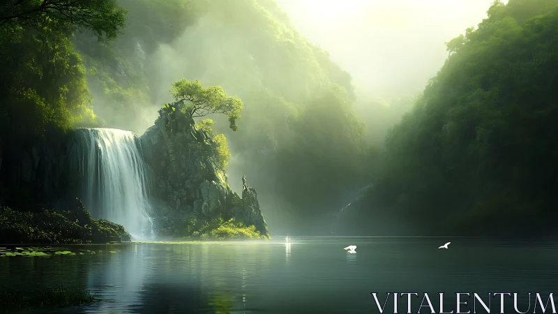 Waterfall, misty gorge and still lake under diffuse light.