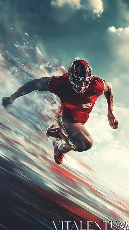 Gridiron runner in motion within abstract speed field.