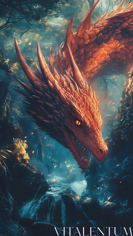 Gentle ember dragon watching over a hidden forest stream.