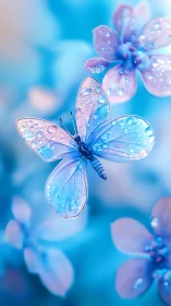 Blue butterfly with water droplets over soft flowers.