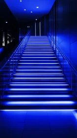 Futuristic blue LED staircase ascends into a glowing doorway
