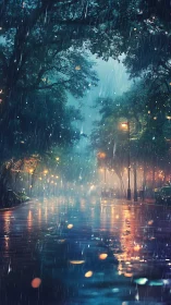 Rain-soaked city street reflects lamps under dense tree canopy