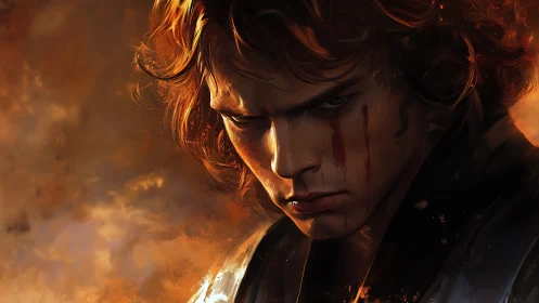 Ember lit fury carves a solemn path across a scarred face