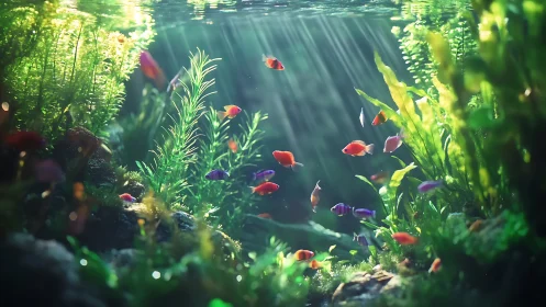 Luminous freshwater microhabitat with volumetric caustic lighting.