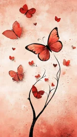 Red watercolor butterflies rising from abstract branch.