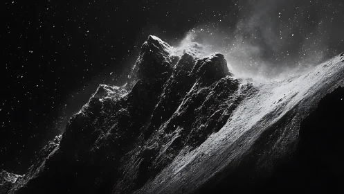 Monochrome mountain ridge with snow and drifting particles.