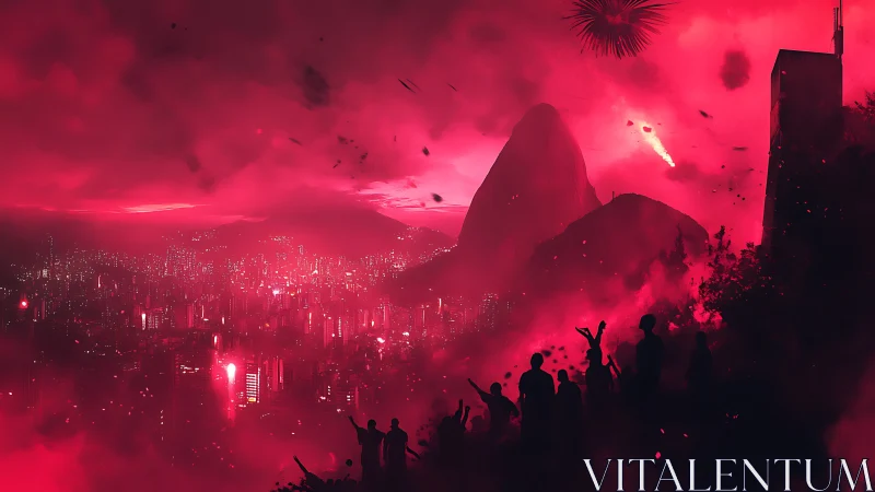 Neon red crowd watches a futuristic city ignite under flares