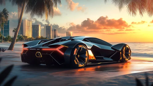 Futuristic supercar reflects sunset hues on sleek coastal boulevard