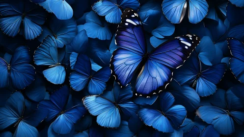 Blue butterfly cluster fills frame with central sharp focus