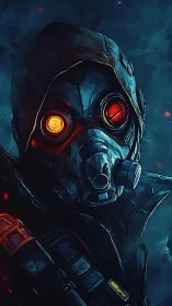 Hooded wasteland scout gazes ahead through glowing red lenses