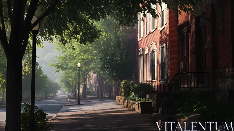 Sunlit brick rowhouses along a hush-soaked tree tunnel street.