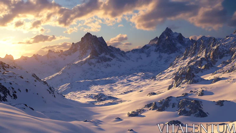 Sunlit alpine peaks glow above a vast snowy valley.