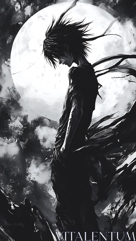 Monochrome anime silhouette against lunar backlight composition.