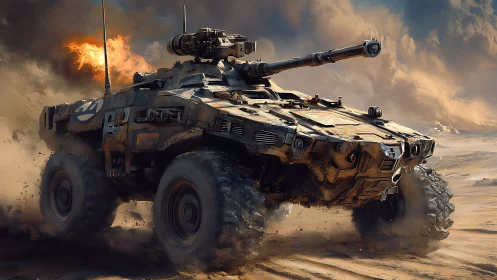 Desert battle vehicle roaring through swirling sandstorm.