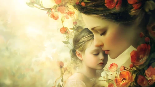 Mother and Child Portrait with Floral Overlay Elements