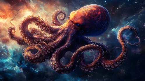 Celestial octopus drifts through nebula-tinted cosmic tides.