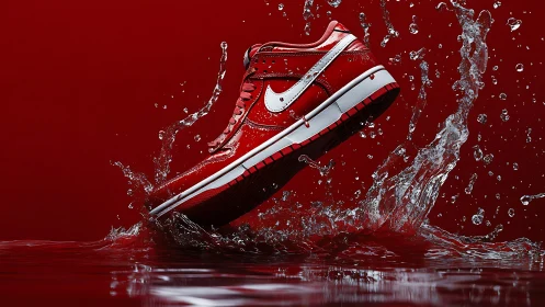 Red athletic shoe is captured mid-splash against red backdrop