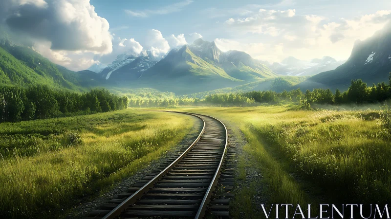 Sunlit mountain railway curves through serene green valley
