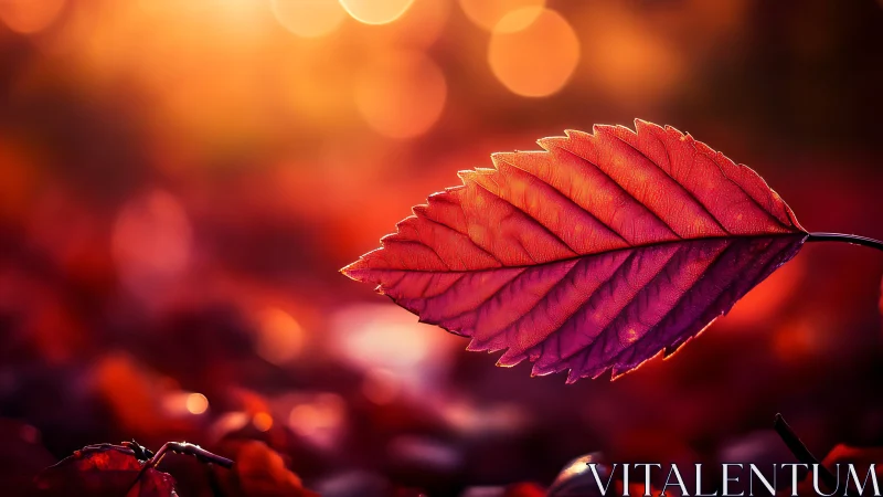 Crimson autumn leaf glowing against golden bokeh sunset.